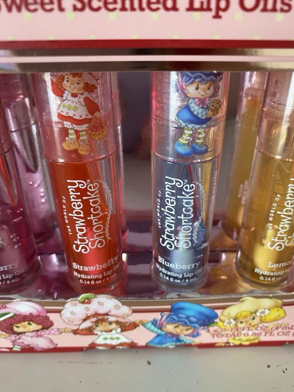 4 Pk Strawberry Shortcake Scented Hydrating‎ Lip Oils Raspberry Blueberry Lemon